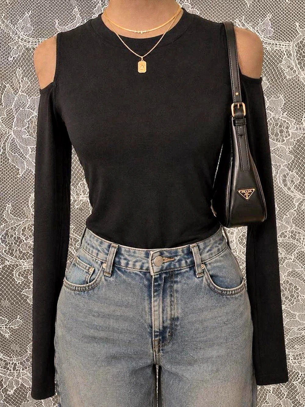 MICHAEL Michael Kors Black Cold Shoulder Long Sleeve Top Crew Neck